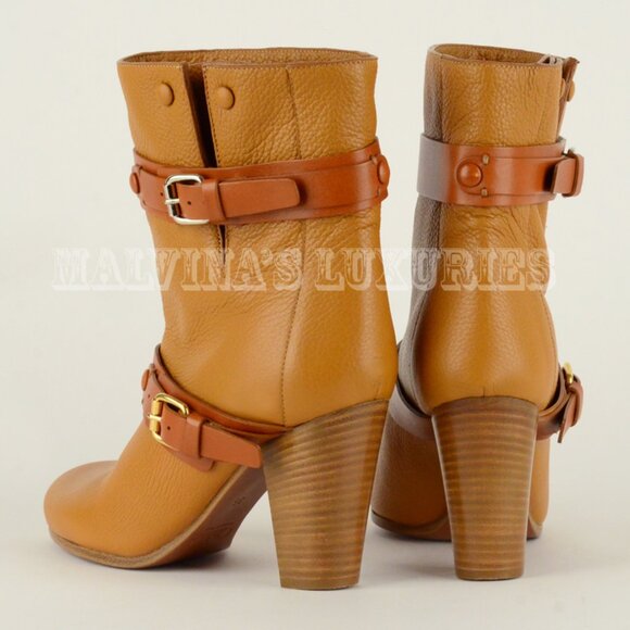 CHLOE ANKLE BOOTS LEATHER DOUBLE STRAP & BUCKLE MID STACKED HEEL sz 35 5 - Picture 5 of 13